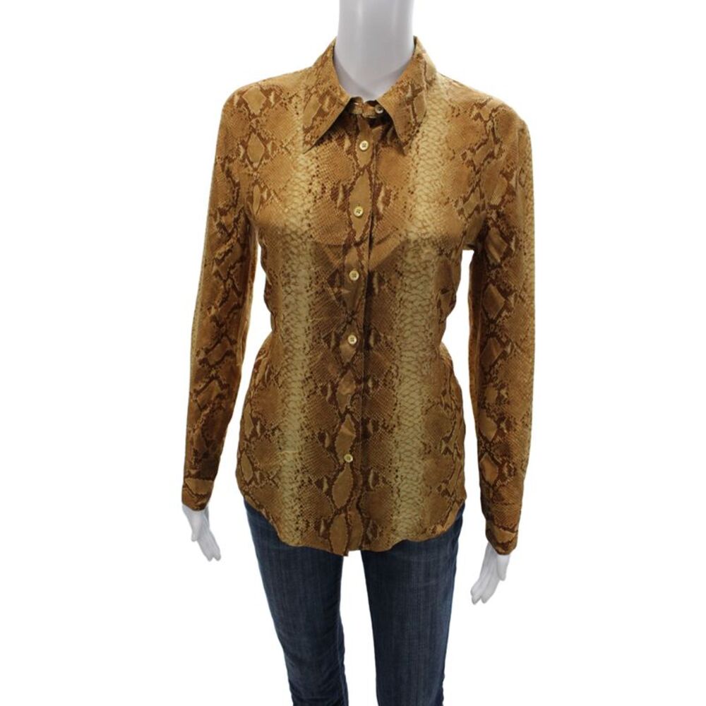 Laurel Womens Silk Animal Print Collared Button Long Sleeve Blouse Size 36